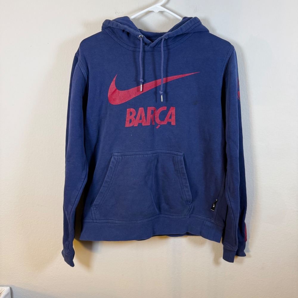 Nike FC Barcelona Soccer Hoodie Pullover Navy Red Swoosh Logo Men's Size S